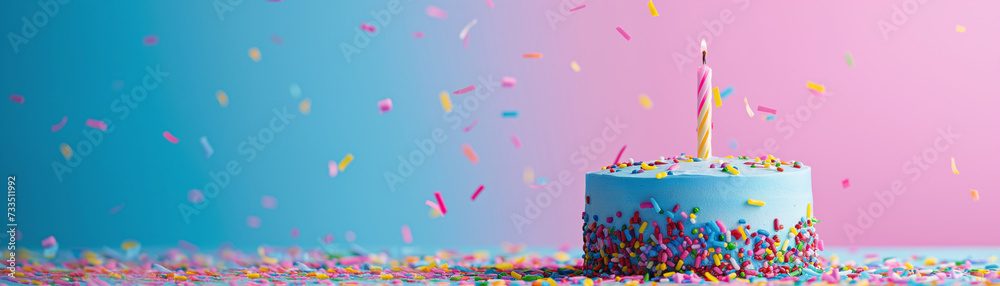 Single lit candle on a small birthday cake with pink frosting and ...