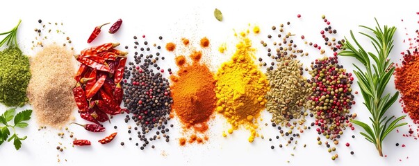 Wall Mural - row of different aromatic spices on white background, spices neatly arranged on white