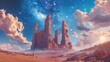 An ancient ruin in a desert with galactic constellations visible in the bright midday sky