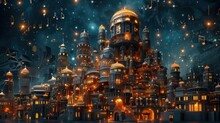 An Abstract 3D City Constructed From Instruments Of A Symphony Orchestra Under A Music-note Starry Sky