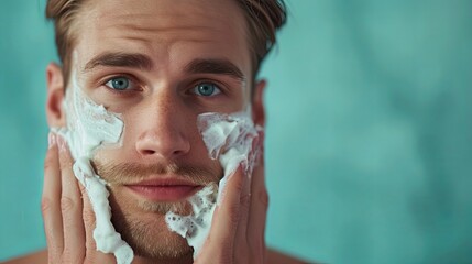 Wall Mural - Handsome man taking care of face skin after shaving. Banner background design