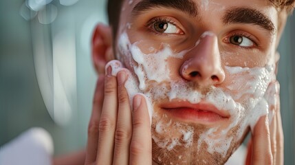 Handsome man taking care of face skin after shaving. Banner background design