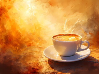 AI-Generated image of a coffee cup with artful foam design, against a fiery abstract backdrop