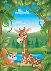 Poster - Cute squirrel and giraffe cartoon in the jungle