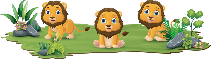 Sticker - Cute three lion cartoon in the grass