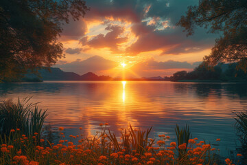 Aufkleber - a mesmerizing sunset over a tranquil lake, casting a golden glow on the surrounding landscape. conce