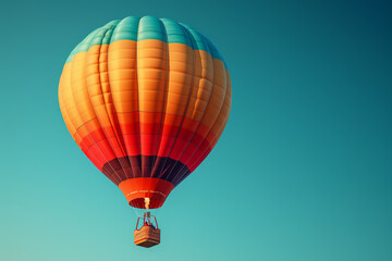 Poster - A colorful hot air balloon rising against a clear blue sky, creating a whimsical and uplifting scene. Concept of adventure and exploration. Generative Ai.