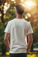 Wall Mural - back view of a men's white tshirt print on demand mockup on man blurred background - generative ai