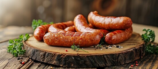 Wall Mural - Tasty Boiled Sausages Arranged on a Wooden Board with a Rustic Background