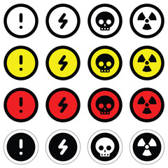 set different colors circle icons radioactive nuclear alert electric voltage warning danger symbol logo caution hazard danger traffic vector flat design for website mobile isolated white Background