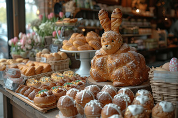 Wall Mural - An Easter-themed window display at a local bakery, featuring delectable treats and pastries adorned with edible Easter decorations. Concept of seasonal bakery delights. Generative Ai.