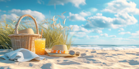 Poster - Hat, basket and towel and Cocktail orange drink on the beach Summer holiday vacation concept