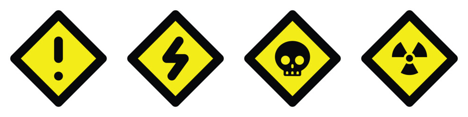 Wall Mural - set yellow black colors icons radioactive nuclear alert electric high voltage warning danger symbol logo caution hazard danger traffic vector flat design for website mobile isolated white Background