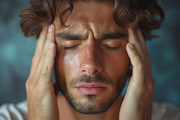 Canvas Print - A man pressing on his sinuses with a strained expression, suffering from sinus headache. Concept of sinus pain and congestion. Generative Ai.