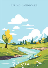 Sticker - Spring landscape background with mountain and tree Editable vector illustration for postcard,a4 vertical size