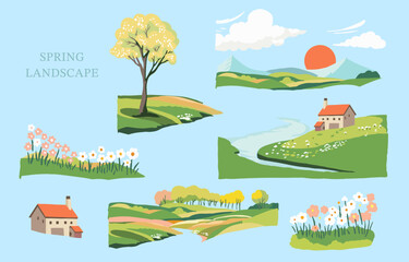 Wall Mural - spring landscape element set with mountain and tree editable vector illustration for graphic dedsign