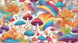 Fototapeta Pokój dzieciecy - background with shrooms _A rainbow psychedelic  pattern with magic mushrooms over sacred geometry  