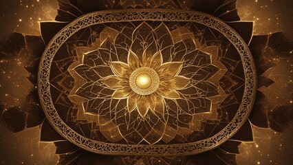 Wall Mural - background _A dark gold mandala of sacred geometry on a chocolate brown background. Pentagons, suns,  