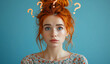Young red head woman expressing doubt on her face, with question symbols around her head. Image for advertising, web or commercial.