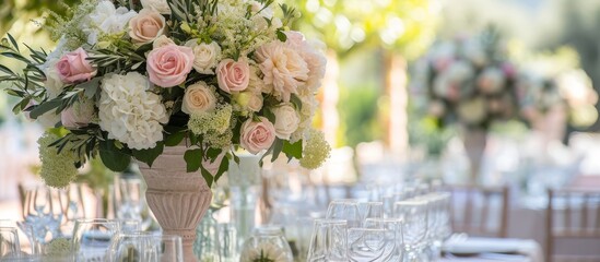 Wall Mural - The wedding banquet in the olive grove corner table is adorned with roses and hydrangeas, creating a light and elegant ambiance in white and pink hues.