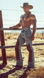 A shirtless cowboy in jeans and boots standing by fence.