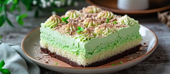 Wall Mural - Coconut-flavored cake with sweet cream and chocolate, made with pandan and green.