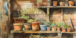 a watercolor of a garden shed with pots and containers, generative AI