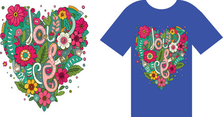 Wall Mural - T-shirt design featuring a colorful heart embellished with flowers and leaves