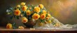 © TheWaterMeloonProjec - Stunning Vase of Vibrant Yellow Roses Adorned with Delicate Lace on a Beautiful Wooden Table