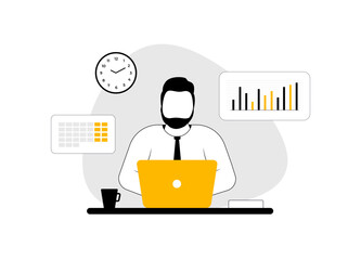 Poster - Business Analyst uses computer and dashboard for data analysis. Analytics for finance, operations, sales and marketing. SEO and digital analytic specialist. Outline vector illustration with icons