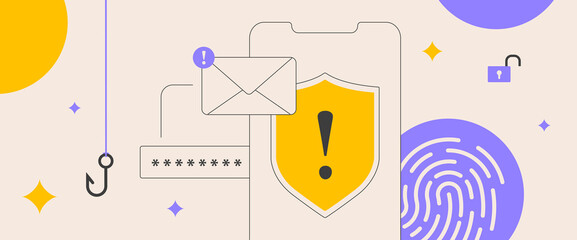 Poster - E-mail phishing, mobile fraud alert, scam malware notification concept. Protect from spam e-mail, hook trojan viruses and online threats. Vector isolated illustration on white background with icons