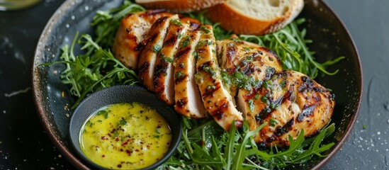Wall Mural - Grilled chicken breast with lamb's lettuce salad, baguette, and Dijon mustard.