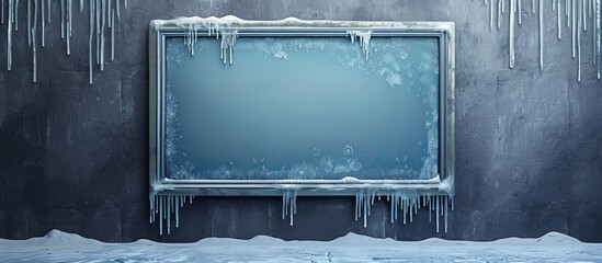 Wall Mural - Isolated winter bulletin board with metal frame and icicles, empty and snowy.