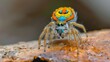 The furry texture of a peacock spider is visible in this close-up, showcasing its delicate legs and body.