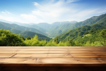 Wall Mural - Wooden table on the mountain with green nature background
