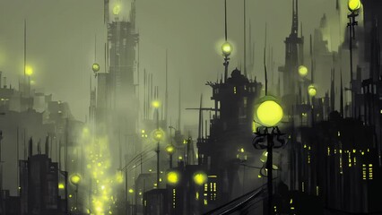 Wall Mural - A futuristic city skyline enveloped in fog, with yellow street lights creating an ethereal atmosphere.
