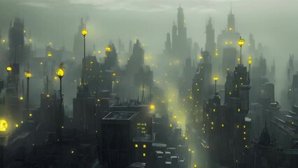 Wall Mural - A futuristic city skyline enveloped in fog, with yellow street lights creating an ethereal atmosphere.
