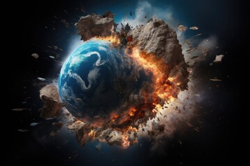 Wall Mural - Planet Earth exploding from nuclear blast. Explosion of atomic bomb on the globe. Apocalypse, world war 3. AI Generated