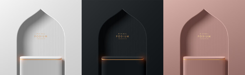 Wall Mural - set of ramadan kareem 3d podium background in black, silver, pink gold in gate mosque shape. luxury 