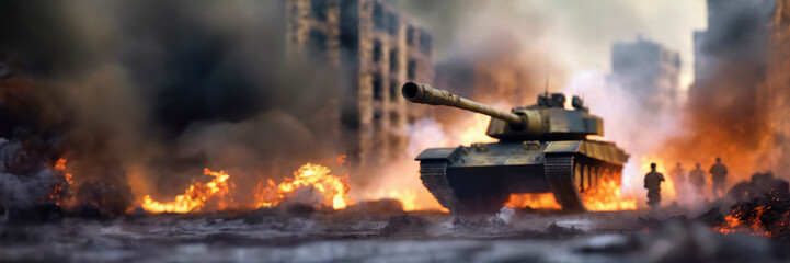 Panoramic view of battle tank with smoke and fire in background. Destroyed building in town with burning structures after military attack during war. Soldiers silhouettes fighting scene.