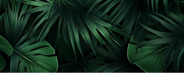 Dark Green Tropical Leaves Banner. Generative AI