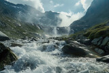 Fototapeta  - Rapid mountain stream rushing through rocky terrain