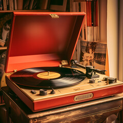 Sticker - A retro record player with vinyl records. 