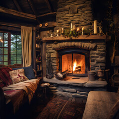 Sticker - A cozy fireplace in a rustic cabin