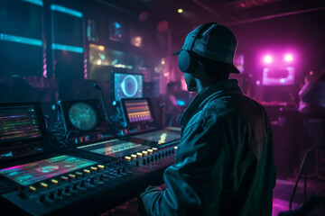 DJ player audio mixing electronic music in a nightclub party Created with Generative AI technology.