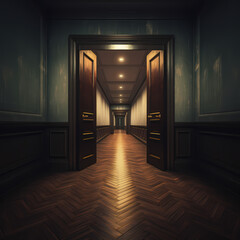 Wall Mural - A mysterious door at the end of a long corridor.