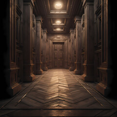 Wall Mural - A mysterious door at the end of a long corridor.