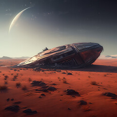 Poster - Deserted spaceship on a distant barren planet.