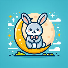 Wall Mural - flat logo of Cute rabbit with the Moon cartoon vector icon illustration. animal nature icon concept isolated premium vector