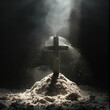 A cross with smoke and a light shining from above black backdrop.  ai generated.